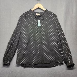 LOFT Blouse Womens Large Petite Black Polka Dot Tie Neck Long Sleeve Office